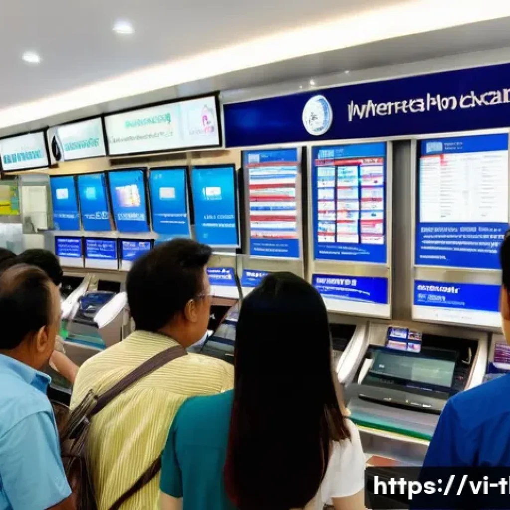 태국 환전 팁 - A busy currency exchange counter inside a modern Bangkok bank during daytime, showing a diverse grou...