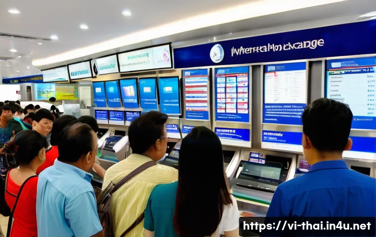 태국 환전 팁 - A busy currency exchange counter inside a modern Bangkok bank during daytime, showing a diverse grou...