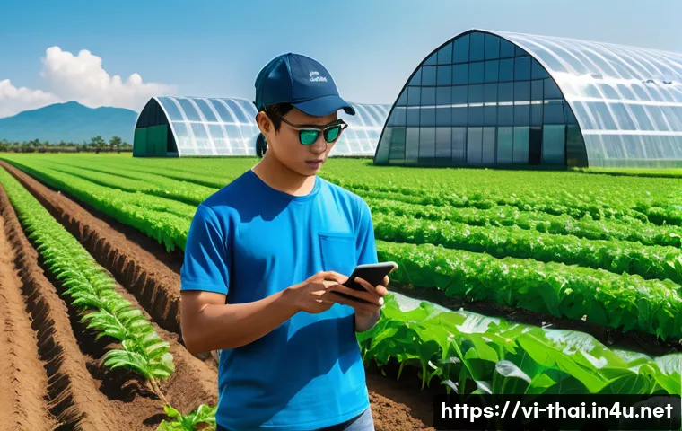 태국의 미래 식품 트렌드 - A modern smart farm in Chiang Mai, Thailand, showcasing advanced AI and IoT technology: lush green c...