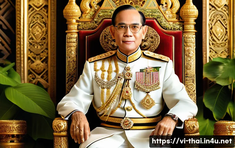 태국에서 유명한 인물 - A majestic portrait of King Rama IX of Thailand dressed in traditional royal attire, seated on an or...