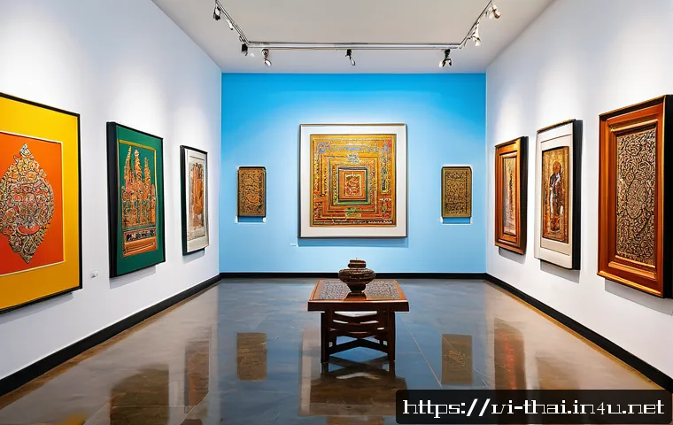 태국의 미술 시장 성장 - A vibrant contemporary Thai art gallery interior in Bangkok featuring young Thai artists’ paintings ...