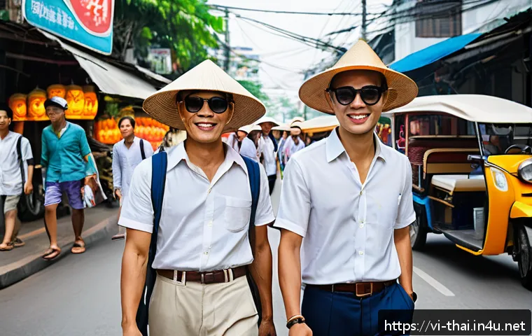 태국에서 여행할 때 주의점 - A vibrant street scene in Bangkok featuring a diverse group of tourists dressed in lightweight, mode...