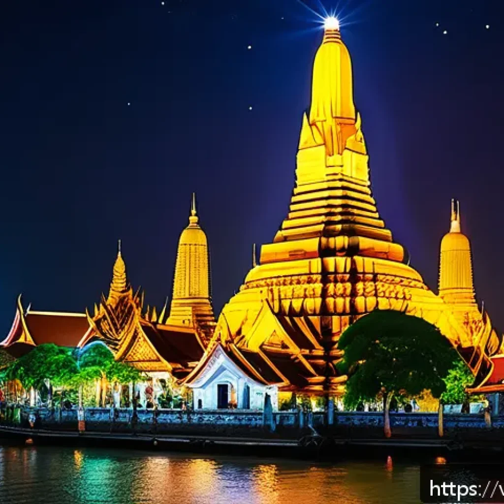 태국의 예술과 기술 융합 - A vibrant nighttime scene of Wat Arun temple in Bangkok illuminated by a spectacular 3D light mappin...