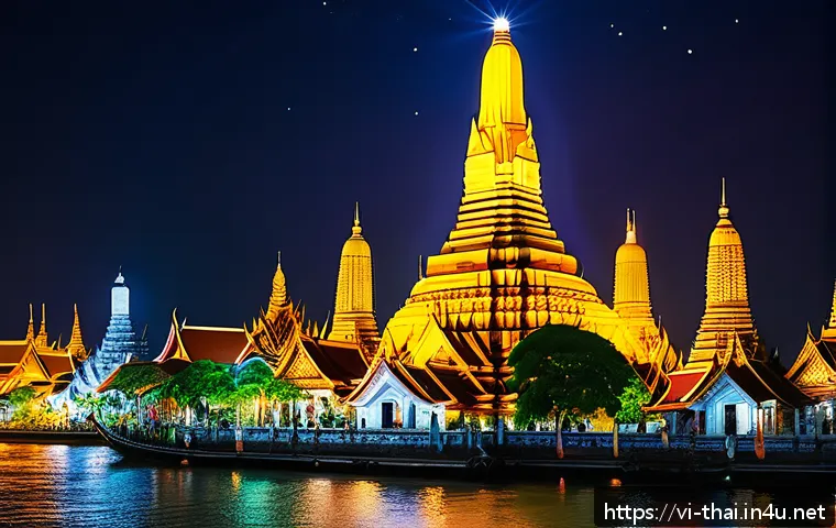 태국의 예술과 기술 융합 - A vibrant nighttime scene of Wat Arun temple in Bangkok illuminated by a spectacular 3D light mappin...