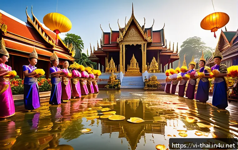 태국의 글로벌 브랜드 성장 - A vibrant Thai cultural festival scene featuring traditional Thai dancers in colorful silk costumes ...