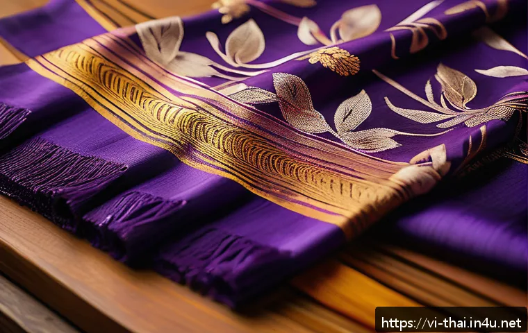 태국에서 인기 있는 기념품 - A beautifully crafted traditional Thai silk scarf draped elegantly on a wooden table, showcasing int...