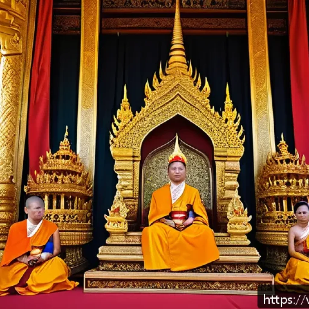 태국 왕실 역사 - A detailed scene of the grand Royal Coronation Ceremony of a Thai king, featuring richly decorated t...
