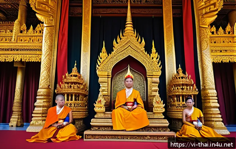 태국 왕실 역사 - A detailed scene of the grand Royal Coronation Ceremony of a Thai king, featuring richly decorated t...