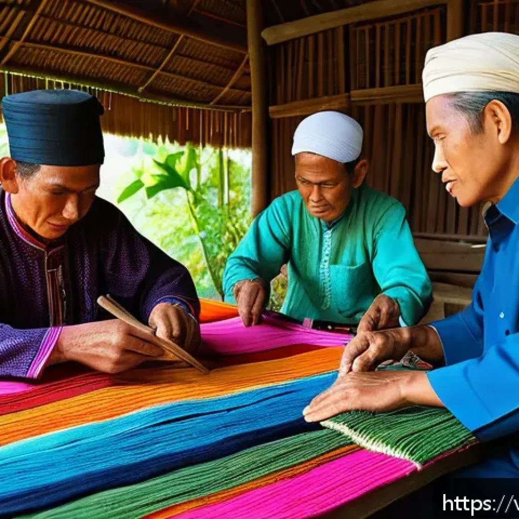 태국의 이슬람 문화 - A vibrant traditional weaving village in southern Thailand featuring artisans wearing modest traditi...