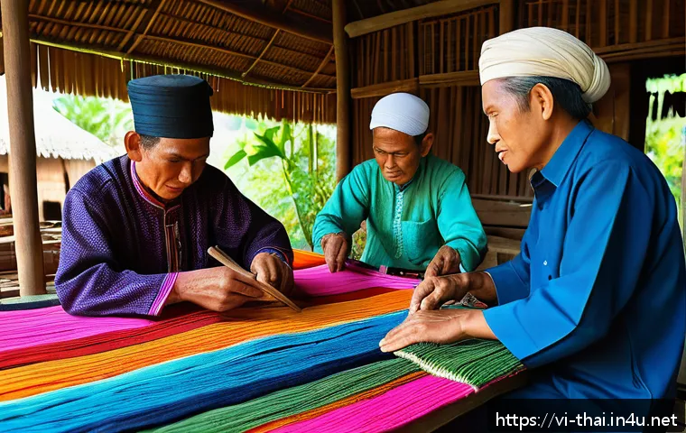 태국의 이슬람 문화 - A vibrant traditional weaving village in southern Thailand featuring artisans wearing modest traditi...