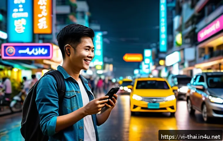 태국에서 자주 사용하는 앱 - A bustling Bangkok street scene at dusk with colorful neon signs in Thai script, a diverse crowd of ...