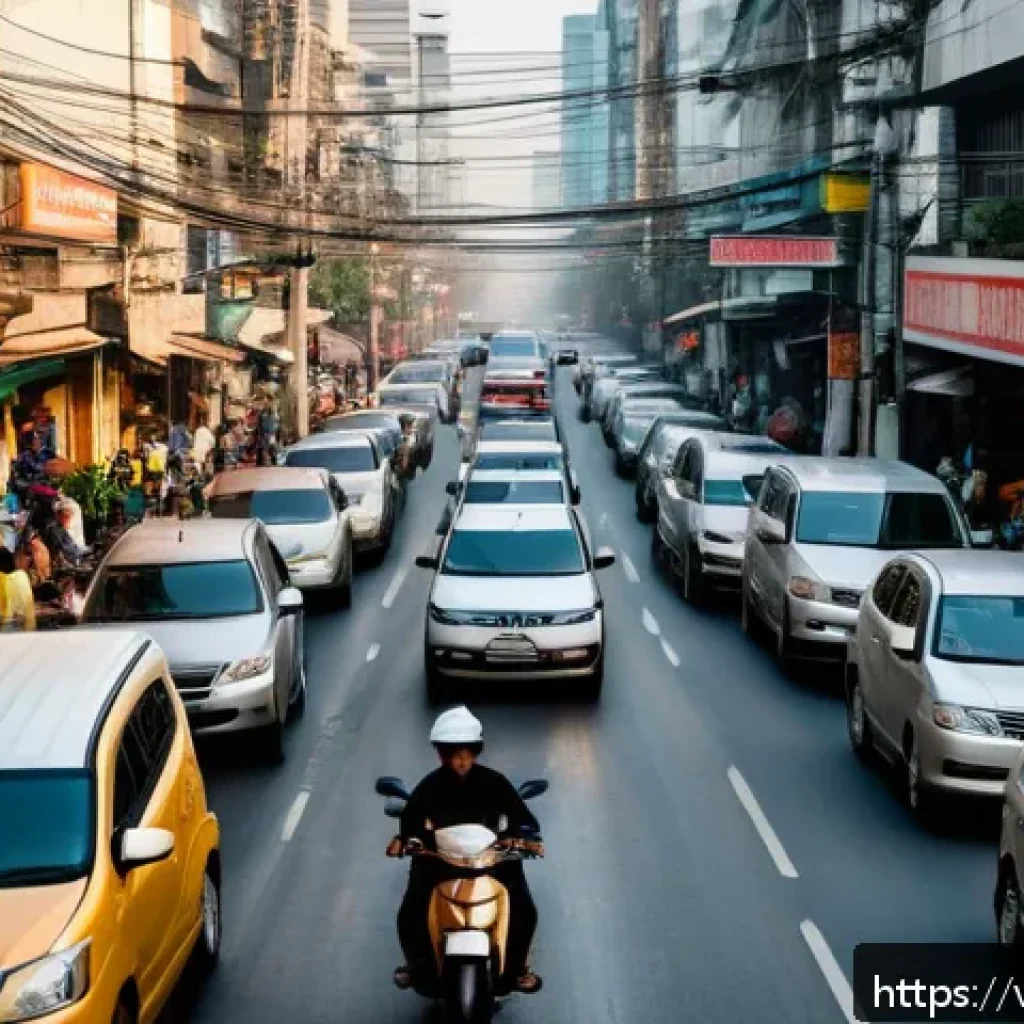 태국의 환경 문제 - A bustling urban street scene in Bangkok during rush hour, showing heavy traffic with numerous cars ...