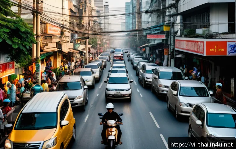 태국의 환경 문제 - A bustling urban street scene in Bangkok during rush hour, showing heavy traffic with numerous cars ...