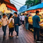 Home 21 태국에서의 모바일 결제 - A vibrant street market scene in Bangkok at night, with diverse local vendors and tourists using mob...