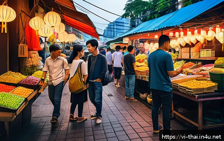 태국에서의 모바일 결제 - A vibrant street market scene in Bangkok at night, with diverse local vendors and tourists using mob...