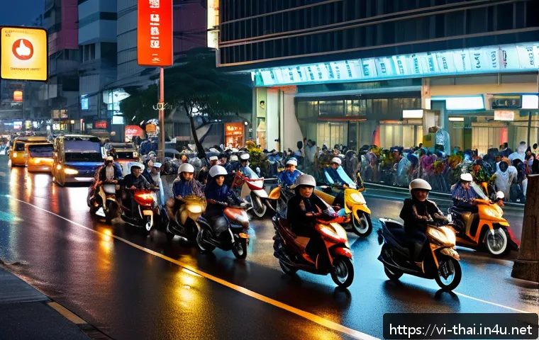 태국에서 발생한 주요 사고 - A busy urban street scene in Bangkok at night, showing diverse vehicles including motorcycles and ca...