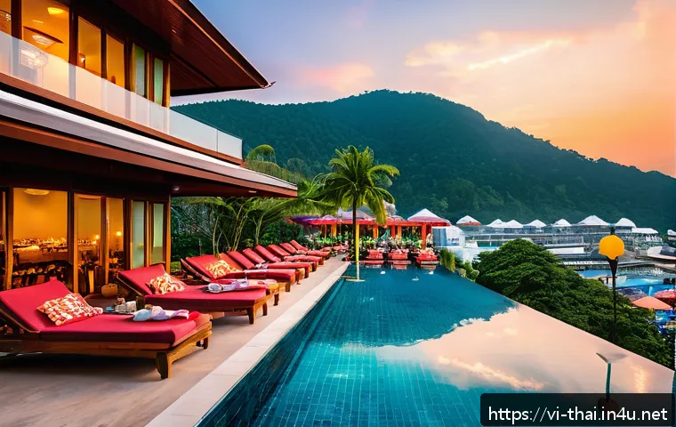 푸켓 휴양지 비교 - A vibrant beach resort scene at Patong Beach in Phuket during sunset, featuring a modern beachfront ...