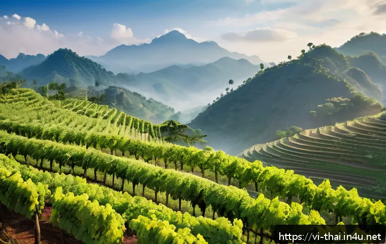 태국의 와인 문화 - A scenic vineyard landscape in northern Thailand featuring lush grapevines on terraced hillsides und...