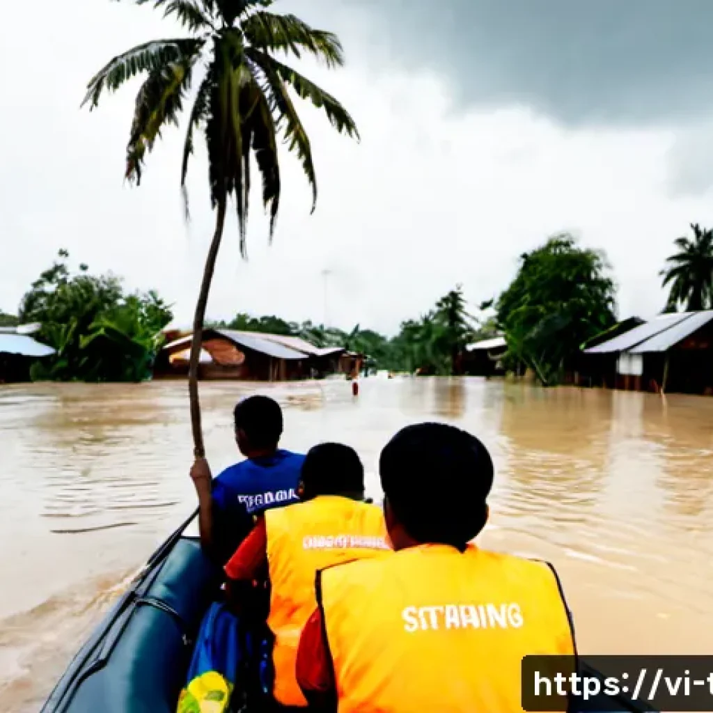 태국의 자연 재해와 대응 - Photorealistic documentary scene of severe monsoon flooding in central Thailand, Thai rescue workers...