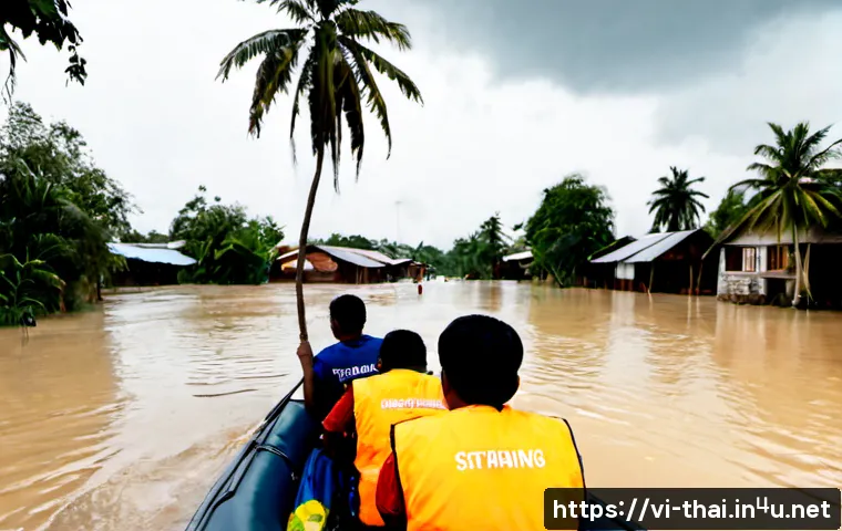태국의 자연 재해와 대응 - Photorealistic documentary scene of severe monsoon flooding in central Thailand, Thai rescue workers...