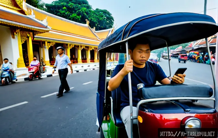 Home 17 태국에서 흔한 사기 사례 - Photorealistic travel safety scene in Bangkok, a Vietnamese tourist politely declining an aggressive...