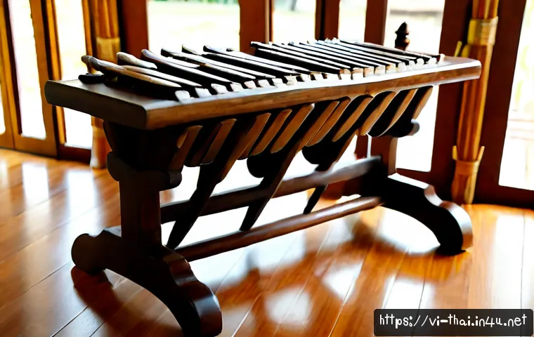 Home 17 태국 전통 악기의 유래 - Photorealistic museum-style still life showing the origins of traditional Thai music: a finely carve...