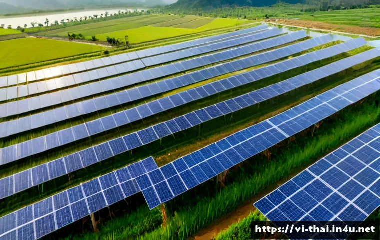 태국의 재생 가능 에너지 - Photorealistic wide aerial view of a modern solar farm in rural Thailand, long rows of blue photovol...
