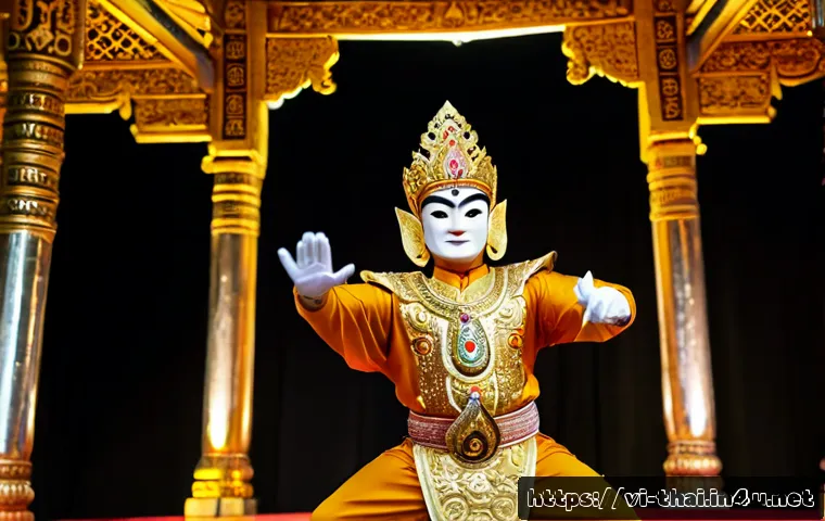 Home 17 태국의 전통 연극 - Photorealistic Thai Khon traditional theater performance on an ornate temple-style stage, masked dan...