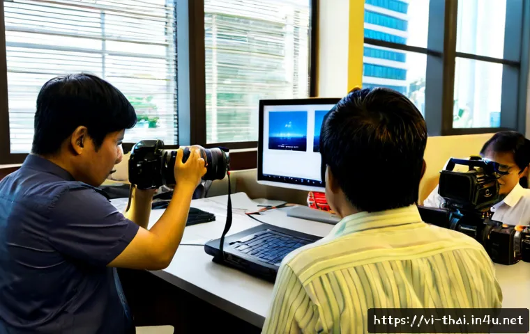 Home 17 태국의 저널리즘 발전 - Photorealistic modern newsroom in Bangkok, Thailand, diverse Thai journalists collaborating around a...